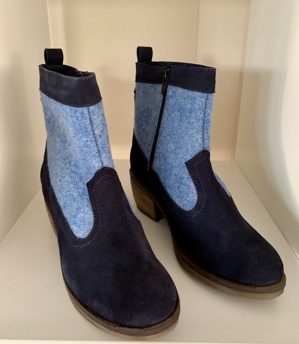 Navy Leather and Wool Ankle Boot