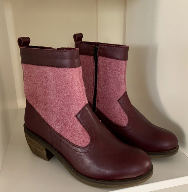 Burgundy Leather and Wool Ankle Boot
